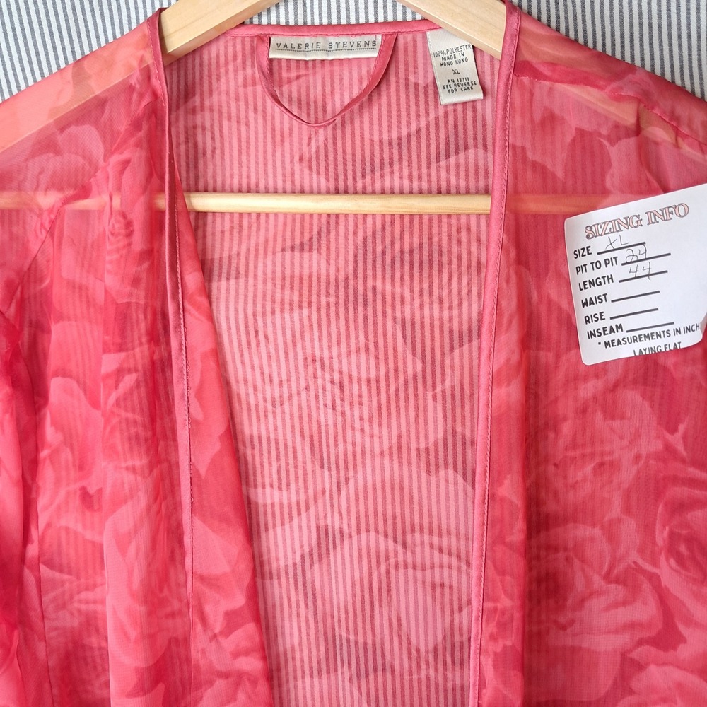 XL Valerie Stevens Rose Print Sheer‎ Coral Pink Duster Cardigan Lightweight - Picture 2 of 5